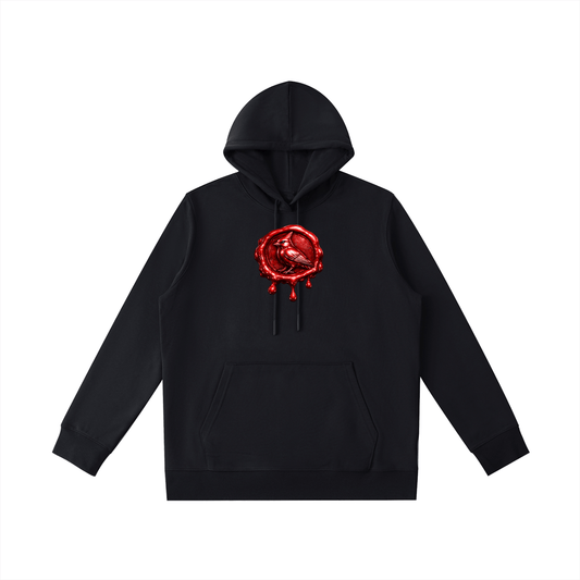 Premio Essential Oversized Hoodie in black with red chrome cardinal wax seal graphic, cotton blend streetwear with kangaroo pocket and drawstring hood.