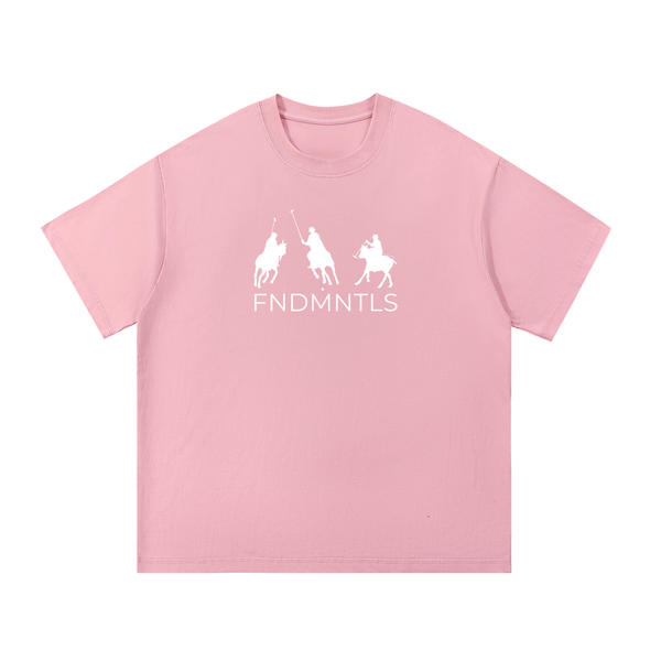 P.O.L.O. Essential Cotton T-Shirt in pink with FNDMNTLS logo and polo player graphic, unisex regular fit ideal for casual wear.