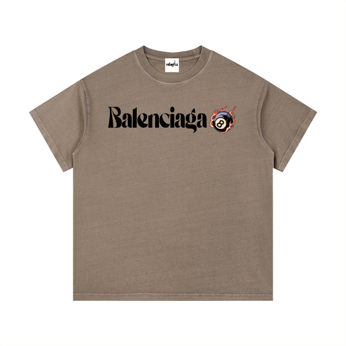 Brown Balenciaga Vintage Wash Cotton T-Shirt with neck label, featuring bold logo and flaming 8-ball graphic for relaxed outfits.