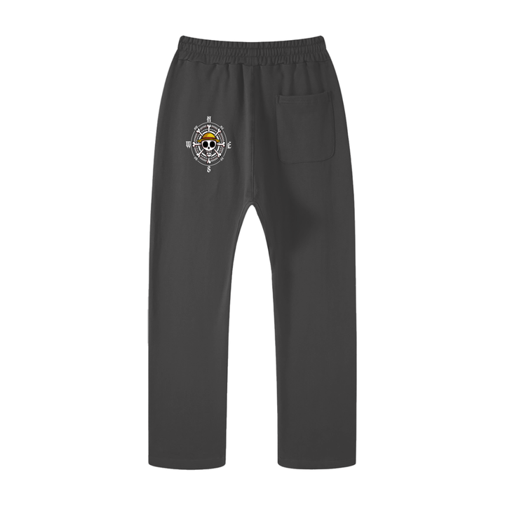 Back view of dark gray One Piece unisex casual straight leg pants with compass skull emblem, ideal for casual and streetwear looks.