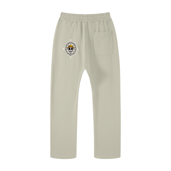 Beige One Piece unisex casual straight leg pants with compass skull design on back, perfect for casual and outdoor fashion.