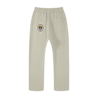 Beige One Piece unisex casual straight leg pants with compass skull design on back, perfect for casual and outdoor fashion.