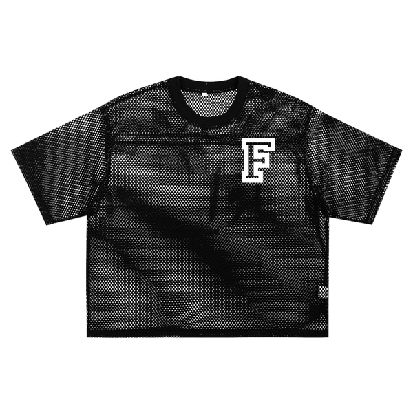 Black Chrome Cardinals Boxy Net T-shirt with white 'F' logo on front. Unisex short sleeve made from breathable polyester mesh.