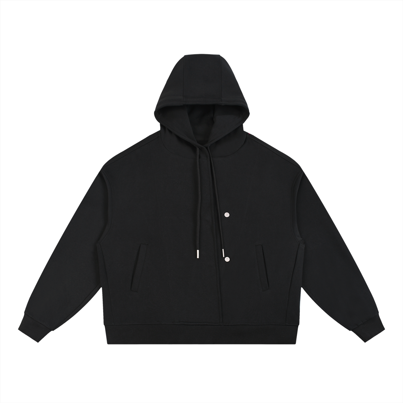 Front view of black Essential Cotton T-Shirt hoodie with drawstrings and pockets, ideal for casual streetwear and daily wear.