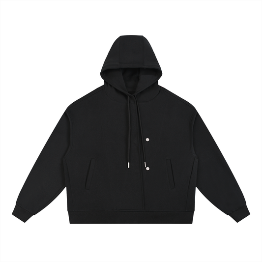 Front view of black Essential Cotton T-Shirt hoodie with drawstrings and pockets, ideal for casual streetwear and daily wear.
