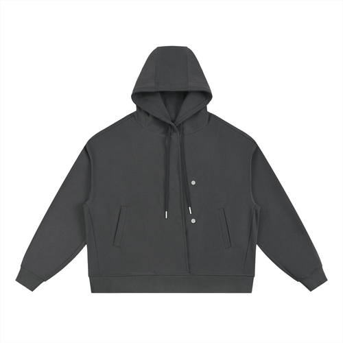 Front view of charcoal Essential Cotton T-Shirt hoodie with dual snap buttons and kangaroo pockets for functional streetwear.