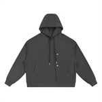 Front view of charcoal Essential Cotton T-Shirt hoodie with dual snap buttons and kangaroo pockets for functional streetwear.