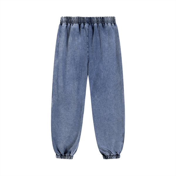 Rear view of light blue unisex sweatpants with elastic waistband and ankle cuffs. Perfect for casual and loungewear fashion.