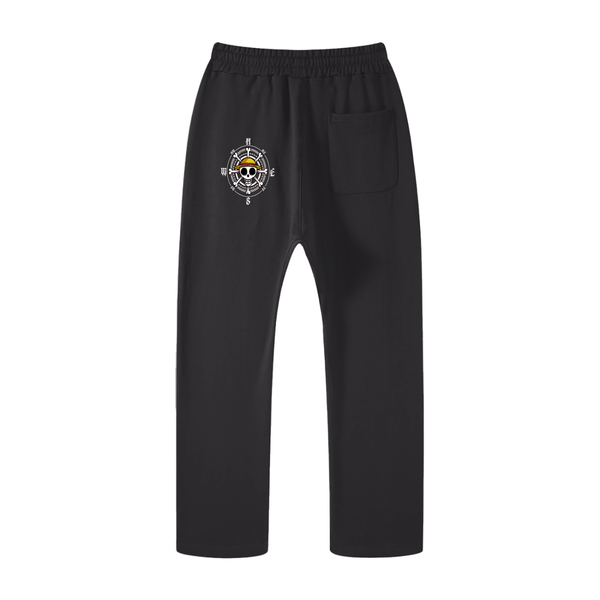 Black One Piece unisex casual straight leg pants with compass skull emblem on back, ideal for street and outdoor wear.
