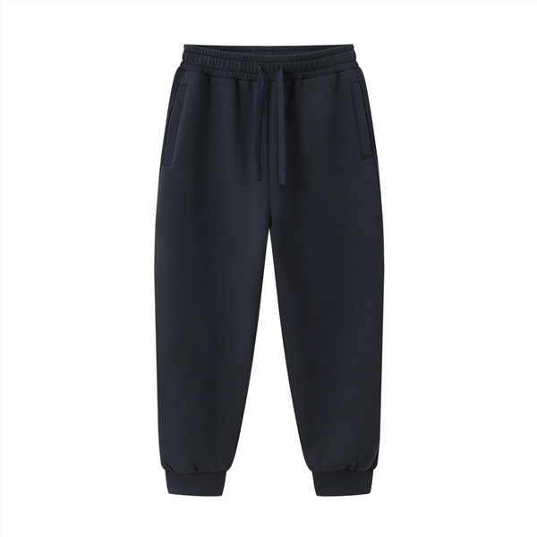 Front view of navy Essential Drawstring Jogged Sweatpants | Unisex, Regular, Cotton Blend with drawstring waist and side pockets.