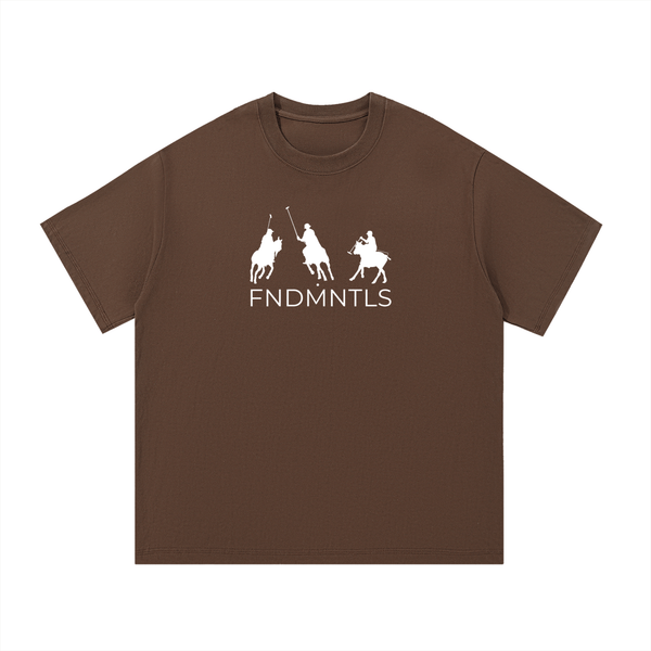 Brown P.O.L.O. Essential Cotton T-Shirt with white FNDMNTLS logo and polo players, unisex regular fit perfect for casual outfits.