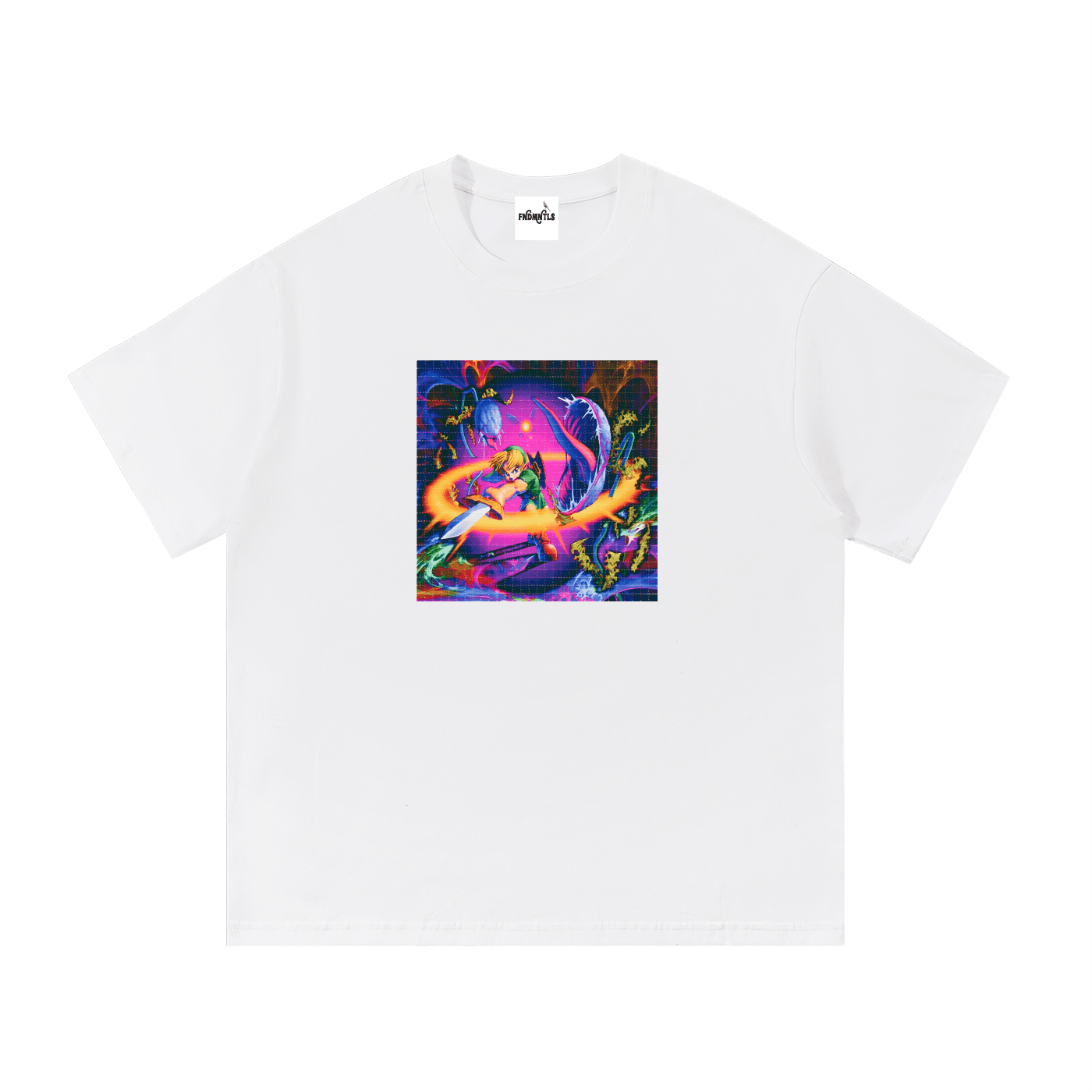 White cotton T-shirt with colorful retro gaming graphic