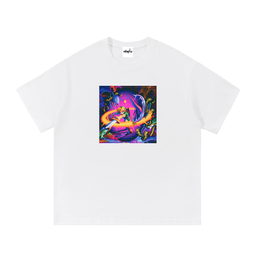 White cotton T-shirt with colorful retro gaming graphic