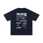 Navy blue Glock 19 unisex cotton t-shirt with detailed firearm illustration and white text, combining comfort and bold design.