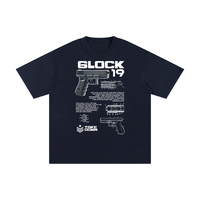 Navy blue Glock 19 unisex cotton t-shirt with detailed firearm illustration and white text, combining comfort and bold design.