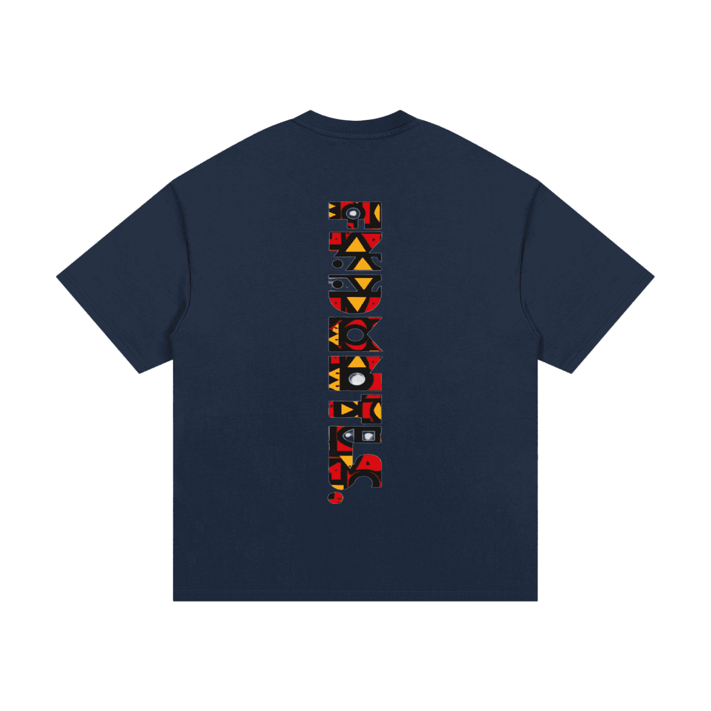 Navy blue heavyweight cotton T-shirt with colorful geometric text design on back