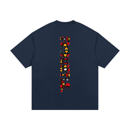 Navy blue heavyweight cotton T-shirt with colorful geometric text design on back