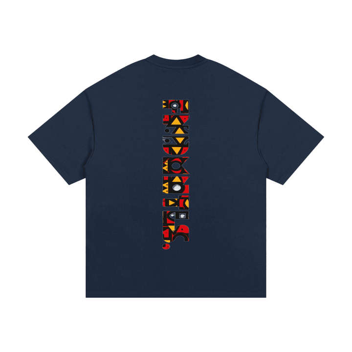 Navy blue heavyweight cotton T-shirt with colorful geometric text design on back