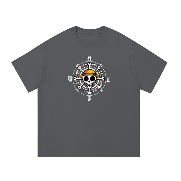 Gray One Piece Essential Cotton T-Shirt with anime-themed compass skull design, perfect for fans seeking comfort and style.