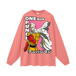 Pink One Punch Man Long Sleeve T-Shirt with vibrant Saitama artwork and Japanese text. Unisex cotton tee perfect for anime-themed fashion.