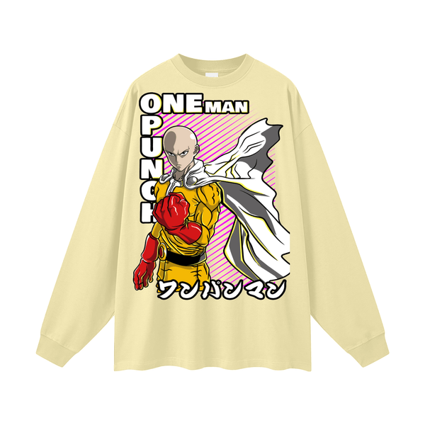 Beige One Punch Man Long Sleeve T-Shirt featuring Saitama graphic and Japanese text. Unisex cotton tee ideal for casual wear in cooler seasons.