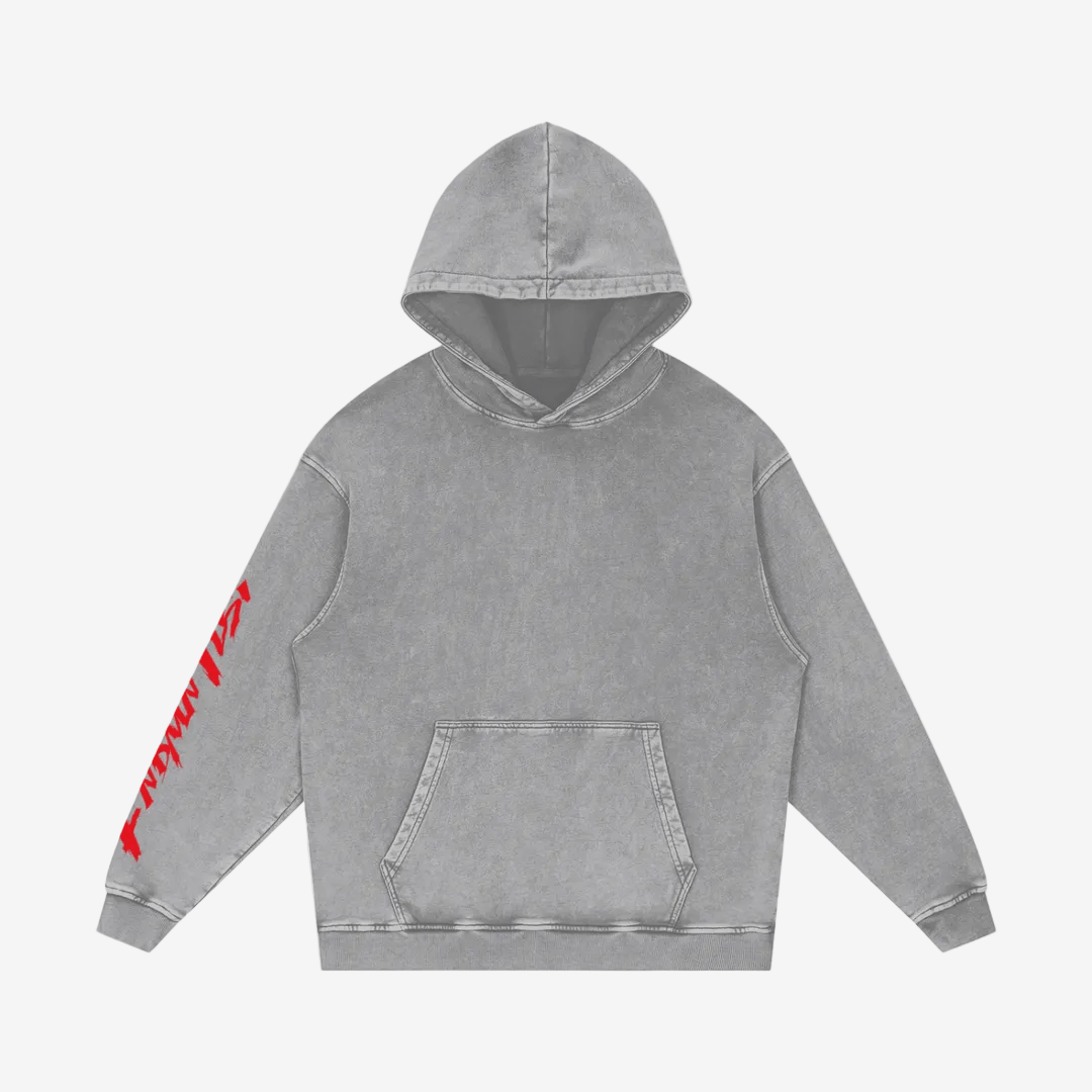 Light grey snow washed cotton oversized hoodie with red sleeve text and front pocket, ideal for autumn and winter streetwear.