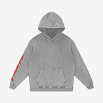 Light grey snow washed cotton oversized hoodie with red sleeve text and front pocket, ideal for autumn and winter streetwear.