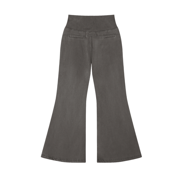 Rear view of charcoal gray Vintage Washed Flared Fleece Pants with faux back pockets and wide-leg silhouette for a flattering look.