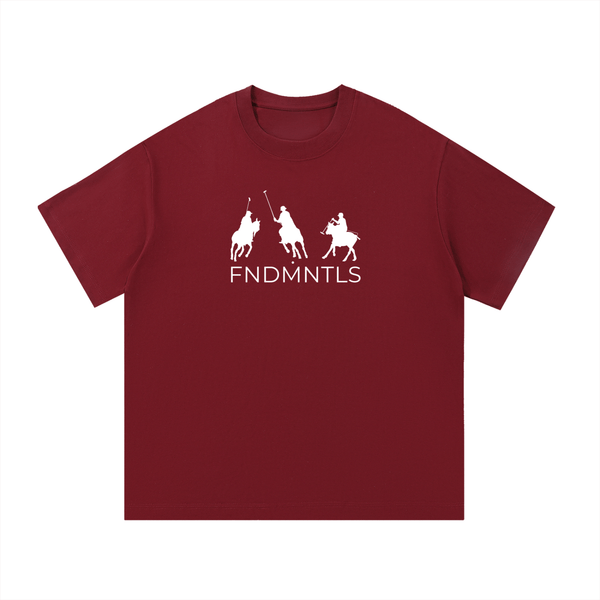 Burgundy P.O.L.O. Essential Cotton T-Shirt with white FNDMNTLS logo and polo graphics, unisex regular fit for sporty casual looks.