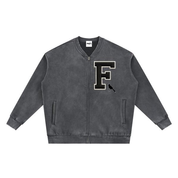 Front view of Vintage Washed Fleece Baseball Jacket with varsity 'F' patch and bird embroidery, displayed on white background.