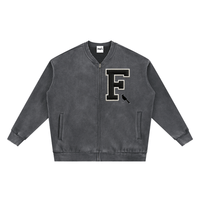 Front view of Vintage Washed Fleece Baseball Jacket with varsity 'F' patch and bird embroidery, displayed on white background.