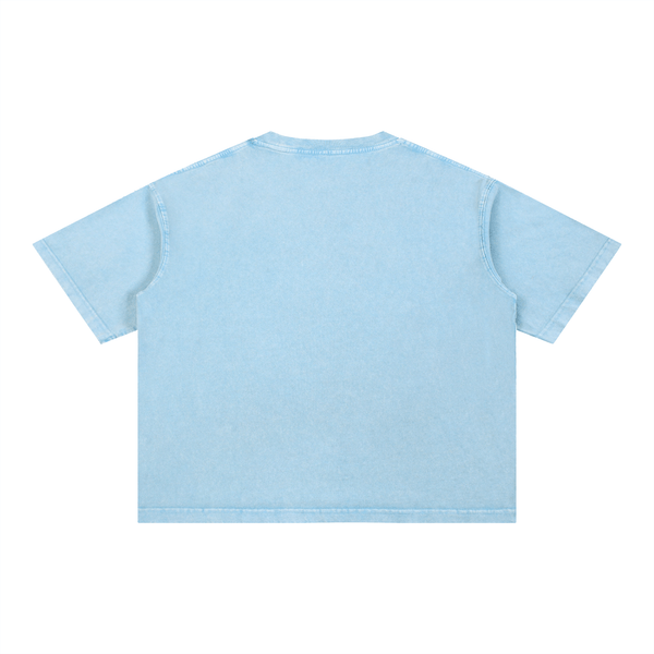 Back view of light blue Mineral Wash Boxy Cotton T-Shirt showing its loose, boxy silhouette and clean design.