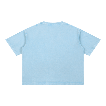Back view of light blue Mineral Wash Boxy Cotton T-Shirt showing its loose, boxy silhouette and clean design.