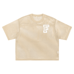 Beige Chrome Cardinals Boxy Net T-shirt with white 'F' logo on chest. Lightweight unisex polyester mesh for all-season comfort.