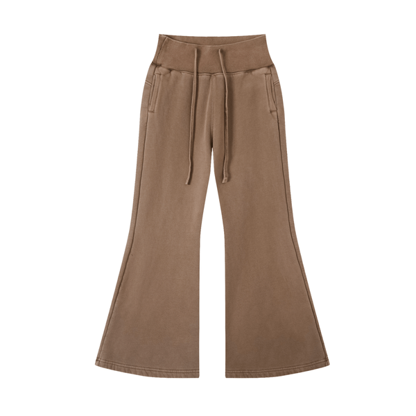 Brown Vintage Washed Flared Fleece Pants with drawstring waist and side pockets. Soft fleece fabric perfect for casual and outdoor wear.