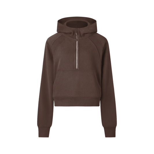 Chocolate brown cropped half-zip hoodie for women with a front zip and kangaroo pocket, combining sporty style and cozy comfort.