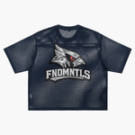 Back of navy Chrome Cardinals Boxy Net T-shirt with aggressive cardinal graphic and FNDMNTLS logo. Perfect for sporty casual looks.