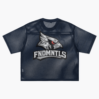 Back of navy Chrome Cardinals Boxy Net T-shirt with aggressive cardinal graphic and FNDMNTLS logo. Perfect for sporty casual looks.