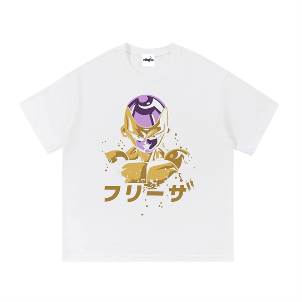 White Frieza Essential Cotton T-Shirt with anime character print and visible neck label. Unisex cotton tee for school or sport wear.