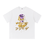 White Frieza Essential Cotton T-Shirt with anime character print and visible neck label. Unisex cotton tee for school or sport wear.