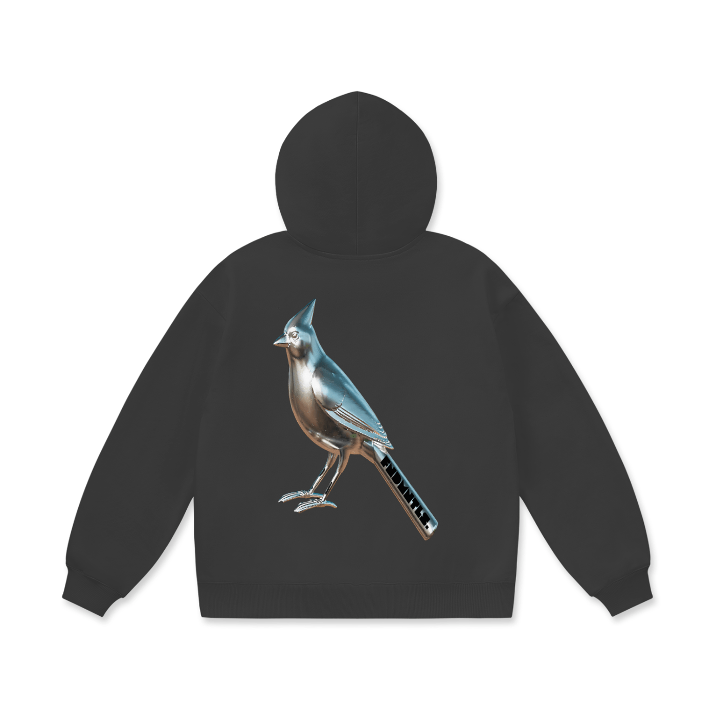 Chrome Cardinals Oversize Heavyweight Fleece Hoodie in dark gray back view with bird design