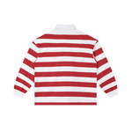 Back view of red and white Color Block Stripe Polo Shirt with clean horizontal stripe pattern and ribbed cuffs, unisex cotton blend.