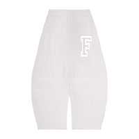 White ribbed pants with a large white letter 'F' on a white background