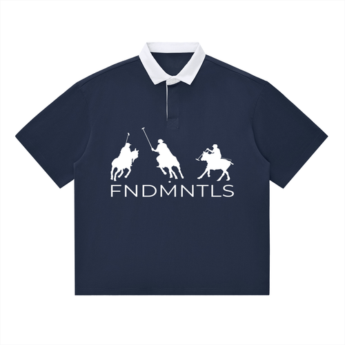 Navy blue contrast polo shirt with white collar and FNDMNTLS logo, unisex cotton blend for stylish casual wear.