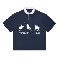 Navy blue contrast polo shirt with white collar and FNDMNTLS logo, unisex cotton blend for stylish casual wear.