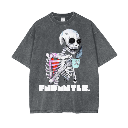 Charcoal grey Wake UP Oversize Snow Washed T-Shirt with skeleton sipping coffee graphic and bold white lettering. Trendy unisex cotton tee.