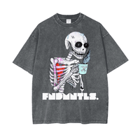 Charcoal grey Wake UP Oversize Snow Washed T-Shirt with skeleton sipping coffee graphic and bold white lettering. Trendy unisex cotton tee.