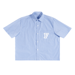 Blue striped shirt with a white 'F' logo on a white background
