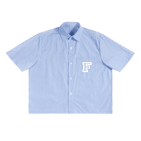 Blue striped shirt with a white 'F' logo on a white background
