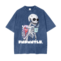 Wake UP Oversize Snow Washed T-Shirt in blue with skeleton coffee graphic and bold text. 100% cotton tee for summer streetwear fashion.